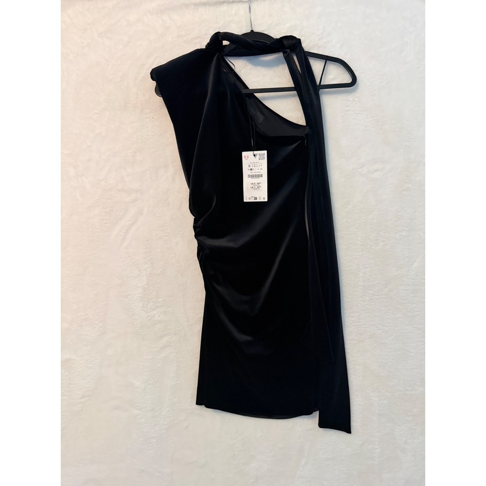 Zara Black One Shoulder Ruched Satin Mini Dress with Tie Detail NWT Size S